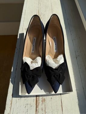 Manolo Blahnik Contina Navy Pointed-Toe Pumps with Black Bow